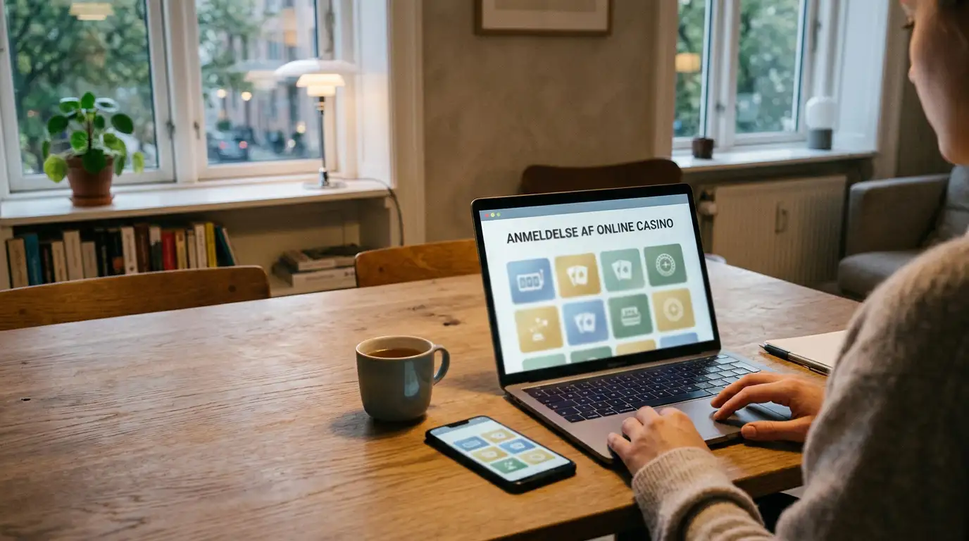 Laptop og mobil på et dansk spisebord med en neutral casinoscene på skærmen