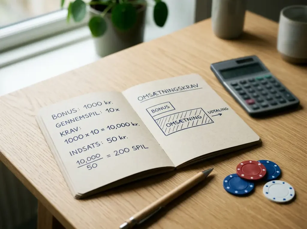 Notesbog, lommeregner og spillechips arrangeret som et neutralt regneeksempel