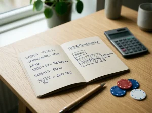 Notesbog, lommeregner og spillechips arrangeret som et neutralt regneeksempel