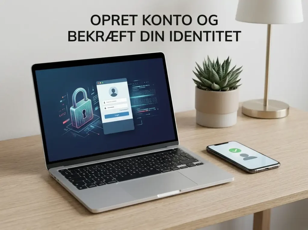 Bærbar computer og mobiltelefon på et dansk skrivebord med en neutral sikker login-scene