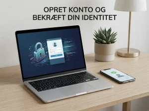 Bærbar computer og mobiltelefon på et dansk skrivebord med en neutral sikker login-scene