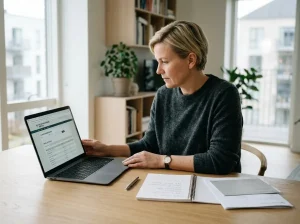 Person ved en bærbar computer med et offentligt licensregister åbent i et dansk hjem