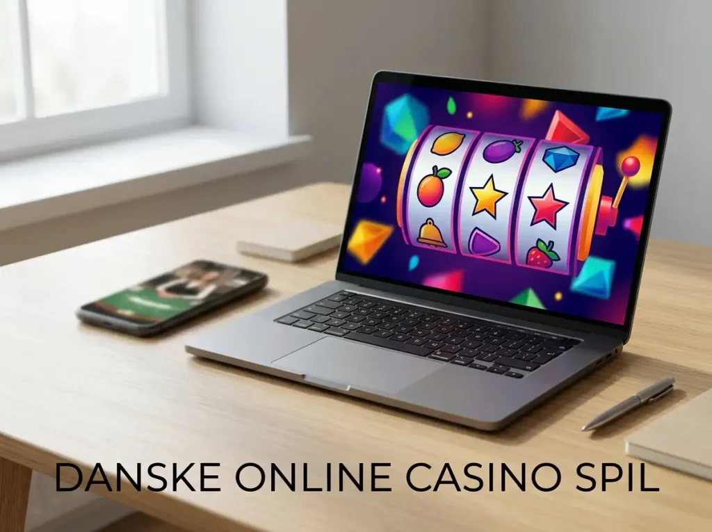 Bærbar computer med farverige slotfelter ved siden af en mobil med et live casinobord