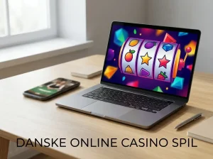 Bærbar computer med farverige slotfelter ved siden af en mobil med et live casinobord