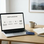 Bærbar computer med en neutral tidslinje ved siden af bankkort og notesbog
