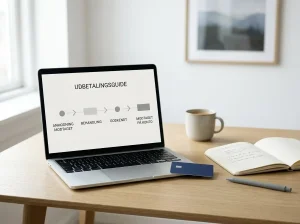 Bærbar computer med en neutral tidslinje ved siden af bankkort og notesbog